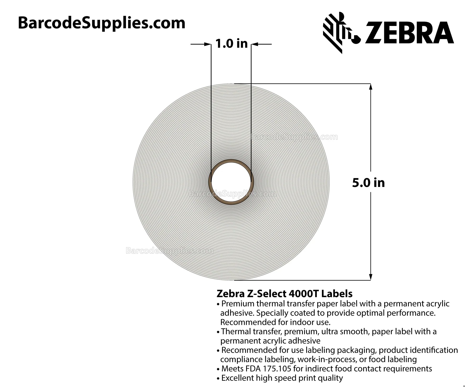 Zebra Label Paper 4 x 6.5in Thermal Transfer Zebra Z-Select 4000T 1 in core 83257