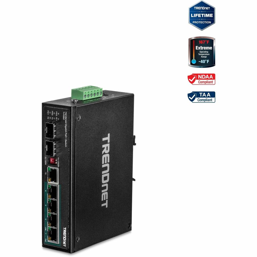 TRENDnet 6-Port Hardened Industrial Gigabit PoE+ DIN-Rail Switch, 4 x Gigabit PoE+ Ports, Shared Gigabit Port (RJ-45/SFP), Dedicated SFP, 120W Power Budget, IP30, Lifetime Protection, Black, TI-PG62 TI-PG62