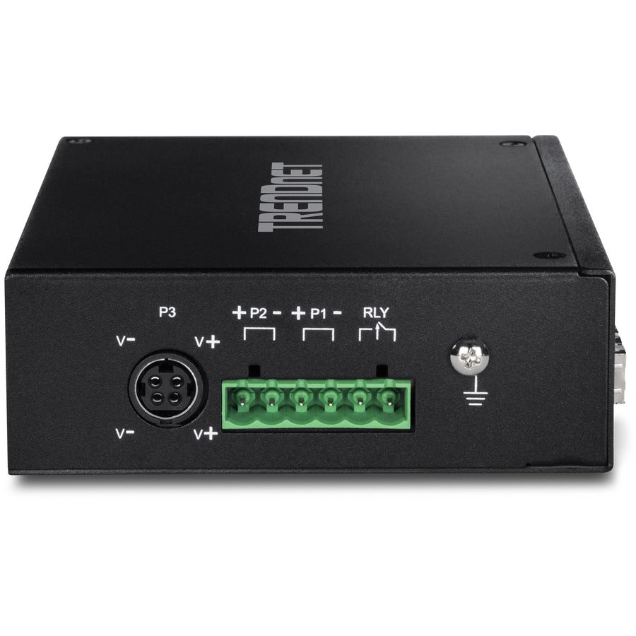 TRENDnet Commutateur industriel Gigabit PoE+ DIN-Rail renforcé à 6 ports, 4 ports Gigabit PoE+, port Gigabit partagé (RJ-45/SFP), SFP dédié, budget d'alimentation 120 W, IP30, protection à vie, noir, TI-PG62 TI-PG62