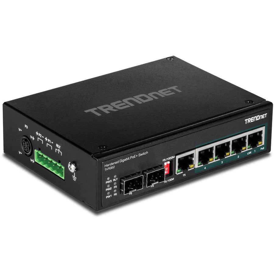 TRENDnet Commutateur industriel Gigabit PoE+ DIN-Rail renforcé à 6 ports, 4 ports Gigabit PoE+, port Gigabit partagé (RJ-45/SFP), SFP dédié, budget d'alimentation 120 W, IP30, protection à vie, noir, TI-PG62 TI-PG62