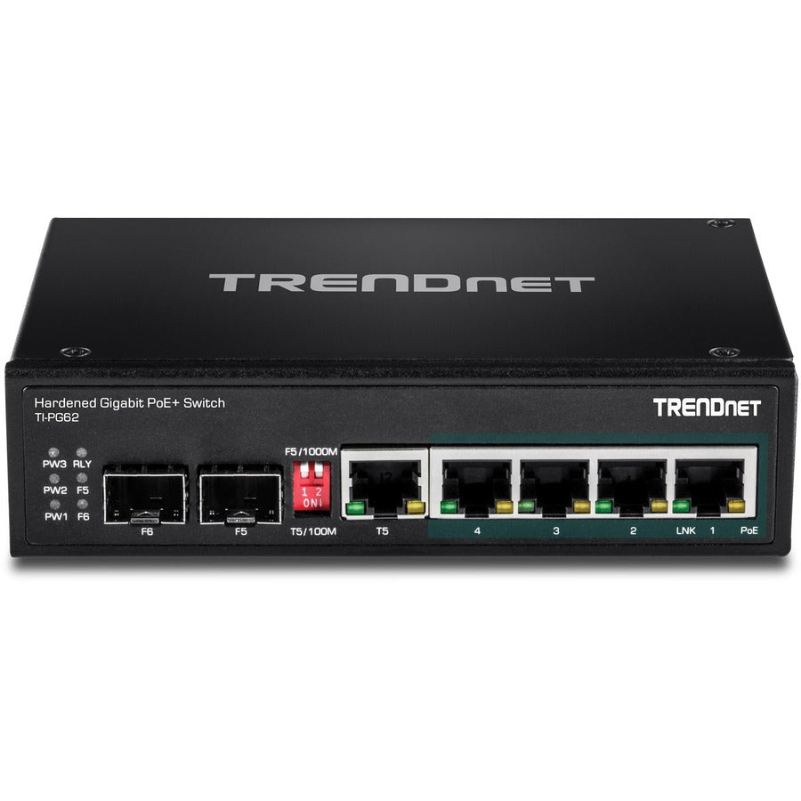 TRENDnet Commutateur industriel Gigabit PoE+ DIN-Rail renforcé à 6 ports, 4 ports Gigabit PoE+, port Gigabit partagé (RJ-45/SFP), SFP dédié, budget d'alimentation 120 W, IP30, protection à vie, noir, TI-PG62 TI-PG62