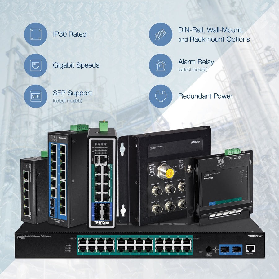 TRENDnet Commutateur industriel Gigabit PoE+ DIN-Rail renforcé à 6 ports, 4 ports Gigabit PoE+, port Gigabit partagé (RJ-45/SFP), SFP dédié, budget d'alimentation 120 W, IP30, protection à vie, noir, TI-PG62 TI-PG62