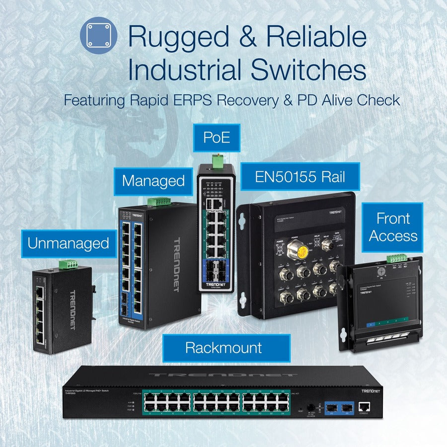 TRENDnet Commutateur industriel Gigabit PoE+ DIN-Rail renforcé à 6 ports, 4 ports Gigabit PoE+, port Gigabit partagé (RJ-45/SFP), SFP dédié, budget d'alimentation 120 W, IP30, protection à vie, noir, TI-PG62 TI-PG62