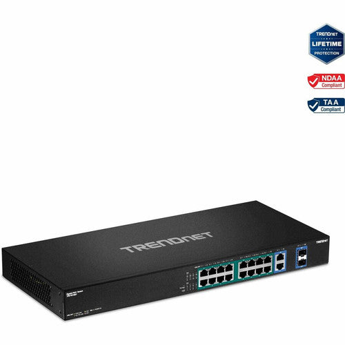 Commutateur Poe+ Gigabit haute puissance TRENDnet à 18 ports ; 16 ports Gigabit Poe+ ; 2 ports Gigabit partagés ; Capacité de commutation de 36 Gbit/s ; Budget d'alimentation PoE de 440 W ; TPE-TG182F TPE-TG182F