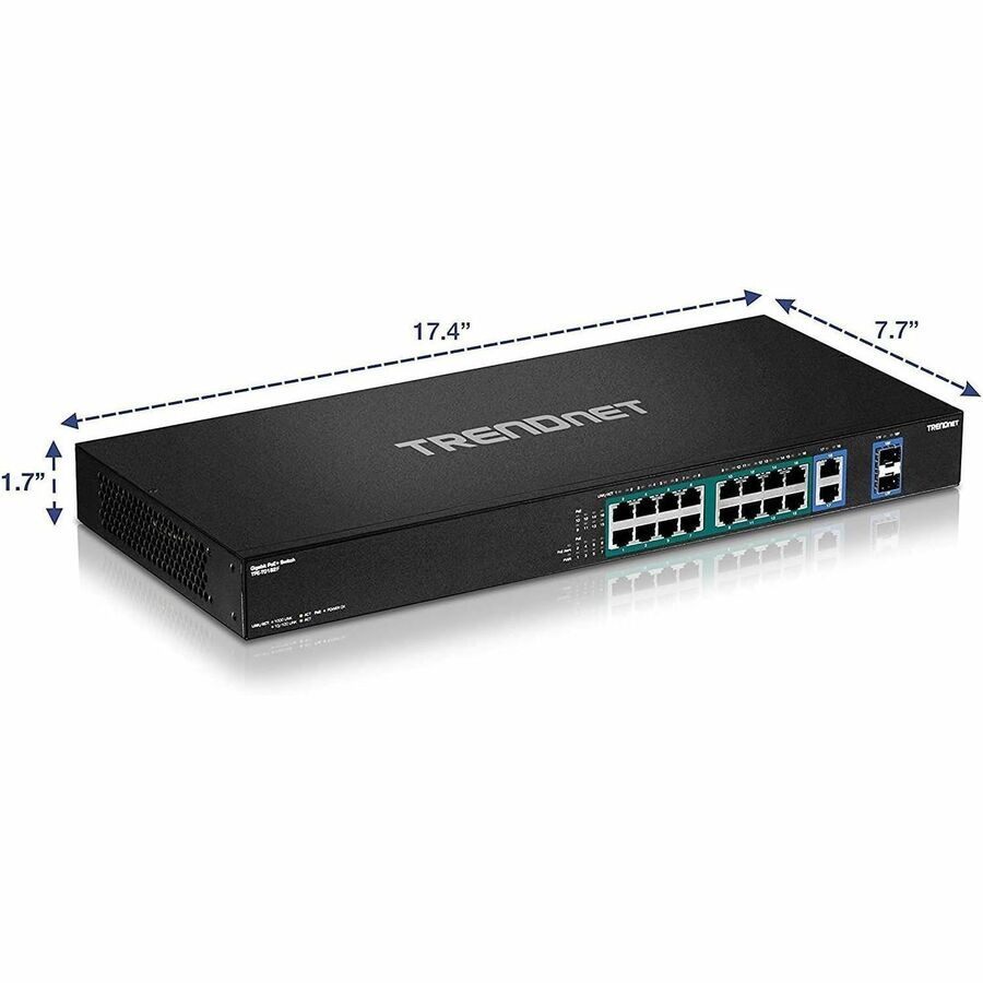 Commutateur Poe+ Gigabit haute puissance TRENDnet à 18 ports ; 16 ports Gigabit Poe+ ; 2 ports Gigabit partagés ; Capacité de commutation de 36 Gbit/s ; Budget d'alimentation PoE de 440 W ; TPE-TG182F TPE-TG182F