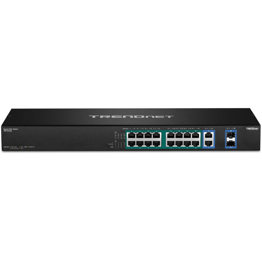 Commutateur Poe+ Gigabit haute puissance TRENDnet à 18 ports ; 16 ports Gigabit Poe+ ; 2 ports Gigabit partagés ; Capacité de commutation de 36 Gbit/s ; Budget d'alimentation PoE de 440 W ; TPE-TG182F TPE-TG182F