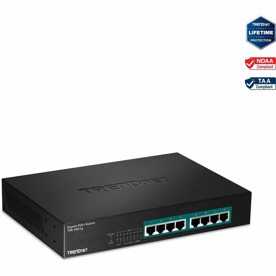 Commutateur PoE+ GREENnet Gigabit à 8 ports TRENDnet ; TPE-TG81g ; 8 ports Gigabit PoE+ ; Montable en rack ; Jusqu'à 30 W par port avec un budget de puissance total de 110 W ; Commutateur réseau Ethernet ; Métal; Protection à vie TPE-TG81g