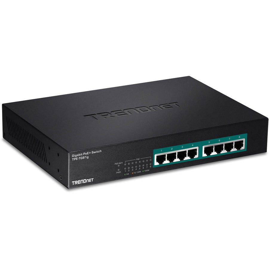 Commutateur PoE+ GREENnet Gigabit à 8 ports TRENDnet ; TPE-TG81g ; 8 ports Gigabit PoE+ ; Montable en rack ; Jusqu'à 30 W par port avec un budget de puissance total de 110 W ; Commutateur réseau Ethernet ; Métal; Protection à vie TPE-TG81g