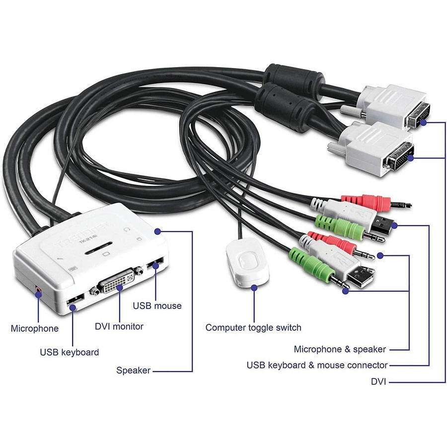 TRENDnet 2-Port DVI USB KVM Switch and Cable Kit with Audio, Manage Two PC's, USB 2.0, Hot-Plug, Auto-Scan, Hot-Keys, Windows/Linux/Mac Compliant, TK-214i TK-214i