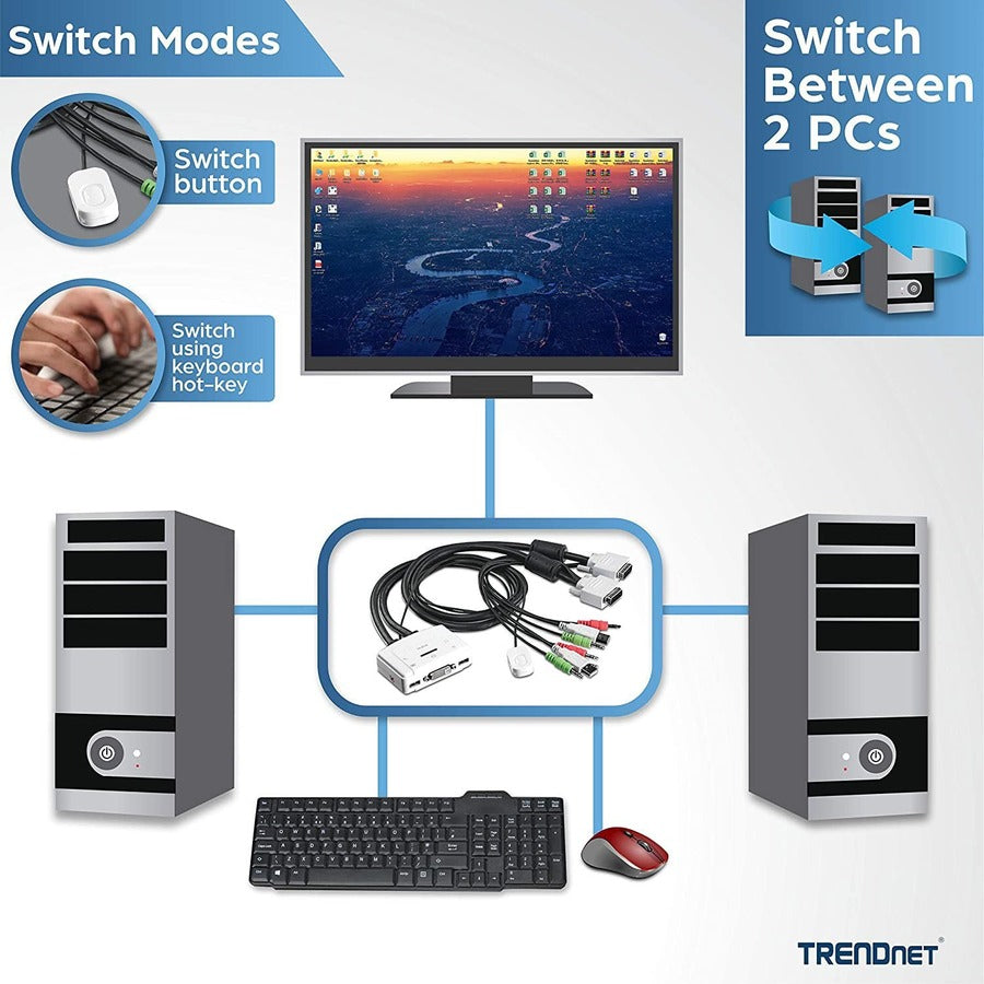 TRENDnet Kit commutateur KVM USB DVI 2 ports et câble avec audio, gestion de deux PC, USB 2.0, hot-plug, auto-scan, raccourcis clavier, compatible Windows/Linux/Mac, TK-214i TK-214i