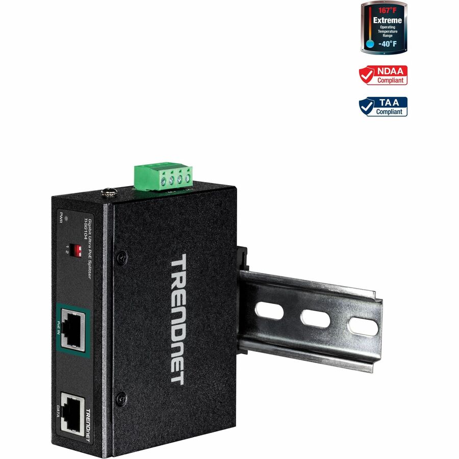 TRENDnet Industrial Gigabit UPoE Splitter, Dual DC Power Outputs, DIN-Rail or Wall-Mountable, Adjustable Voltage Output, TI-SG104 TI-SG104