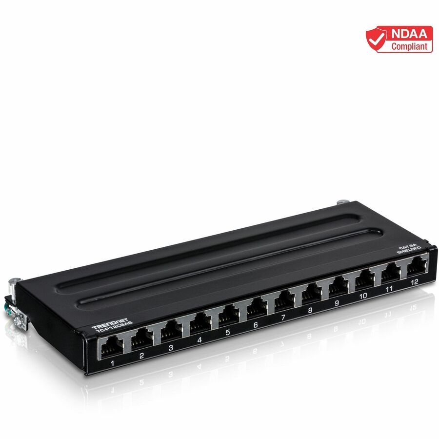 TRENDnet 12-Port Cat6A Shielded Patch Panel, 10G Ready, Cat5e,Cat6,Cat6A Compatible, Metal Housing, Color-Coded Labeling For T568A And T568B Wiring, Cable Management, Wall Mountable, Black, TC-P12C6AS TC-P12C6AS