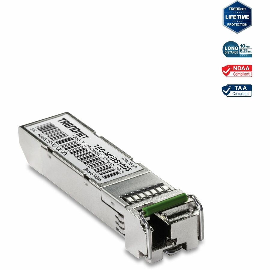 TRENDnet SFP vers module LC monomode double longueur d'onde RJ45 ; TEG-MGBS10D5 ; Doit être associé au TEG-MGBS10D3 ou à un module compatible ; Jusqu'à 10 km (6,2 milles); Compatible avec la norme SFP ; Protection à vie TEG-MGBS10D5