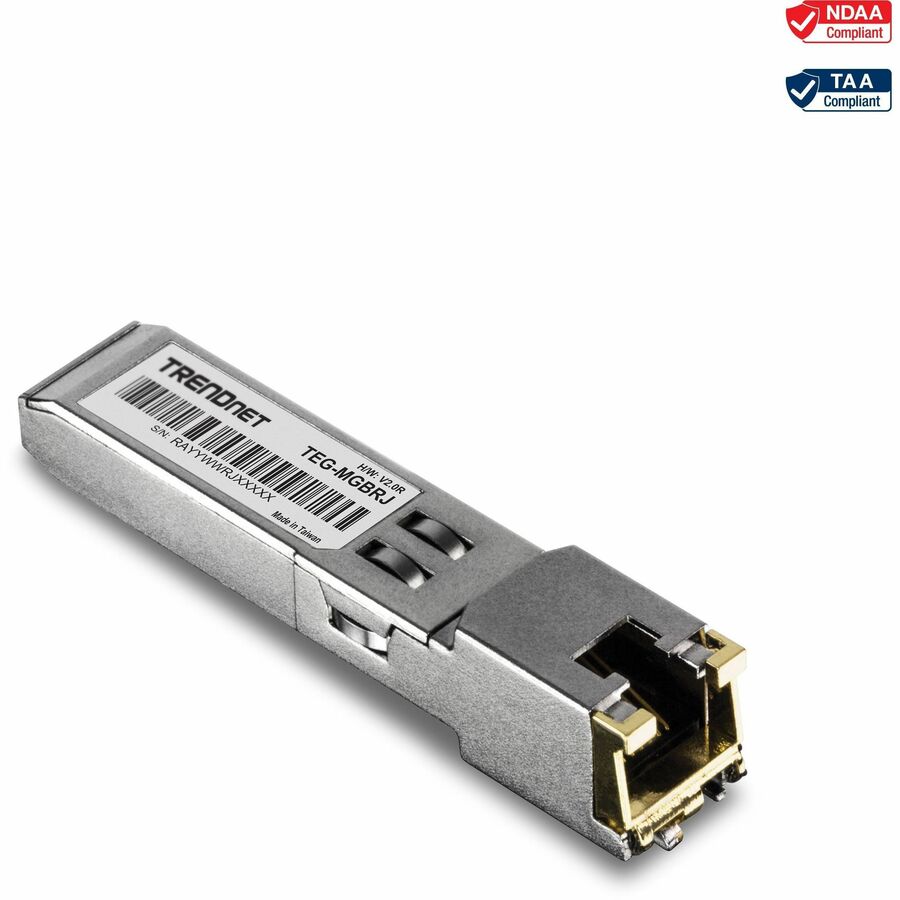 Module SFP en cuivre TRENDnet SFP vers RJ45 1000BASE-T ; TEG-MGBRJ ; 100 m (328 pieds); Connecteur RJ45 ; Enfichable à chaud ; Prend en charge des débits de données jusqu'à 1,25 Gbit/s ; Ethernet Gigabit IEEE 802.3ab ; Protection à vie TEG-MGBRJ