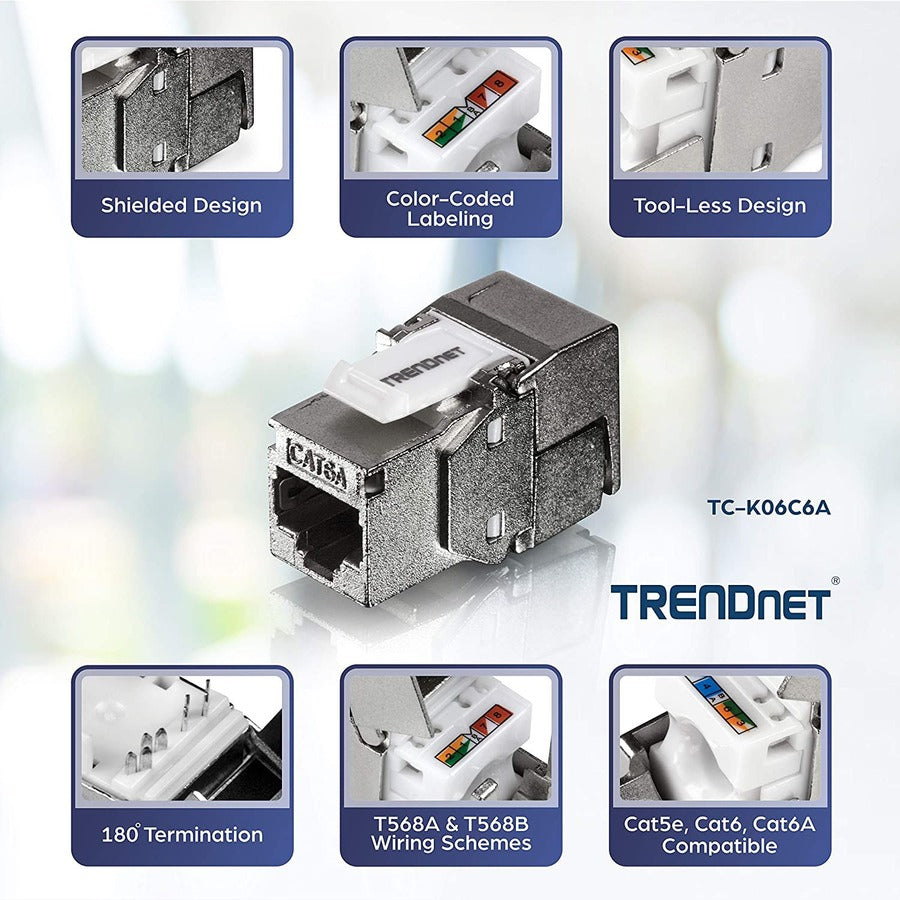 TRENDnet Prise Keystone Cat6A blindée, lot de 6, TC-K06C6A, terminaison à angle 180°, compatible avec le câblage Cat5/Cat5e/Cat6, utilisation avec panneau de brassage Keystone vierge blindé TC-KP24S (vendu séparément) TC-K06C6A