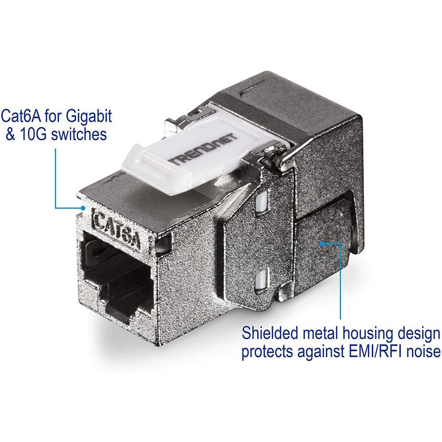 TRENDnet Prise Keystone Cat6A blindée, lot de 6, TC-K06C6A, terminaison à angle 180°, compatible avec le câblage Cat5/Cat5e/Cat6, utilisation avec panneau de brassage Keystone vierge blindé TC-KP24S (vendu séparément) TC-K06C6A