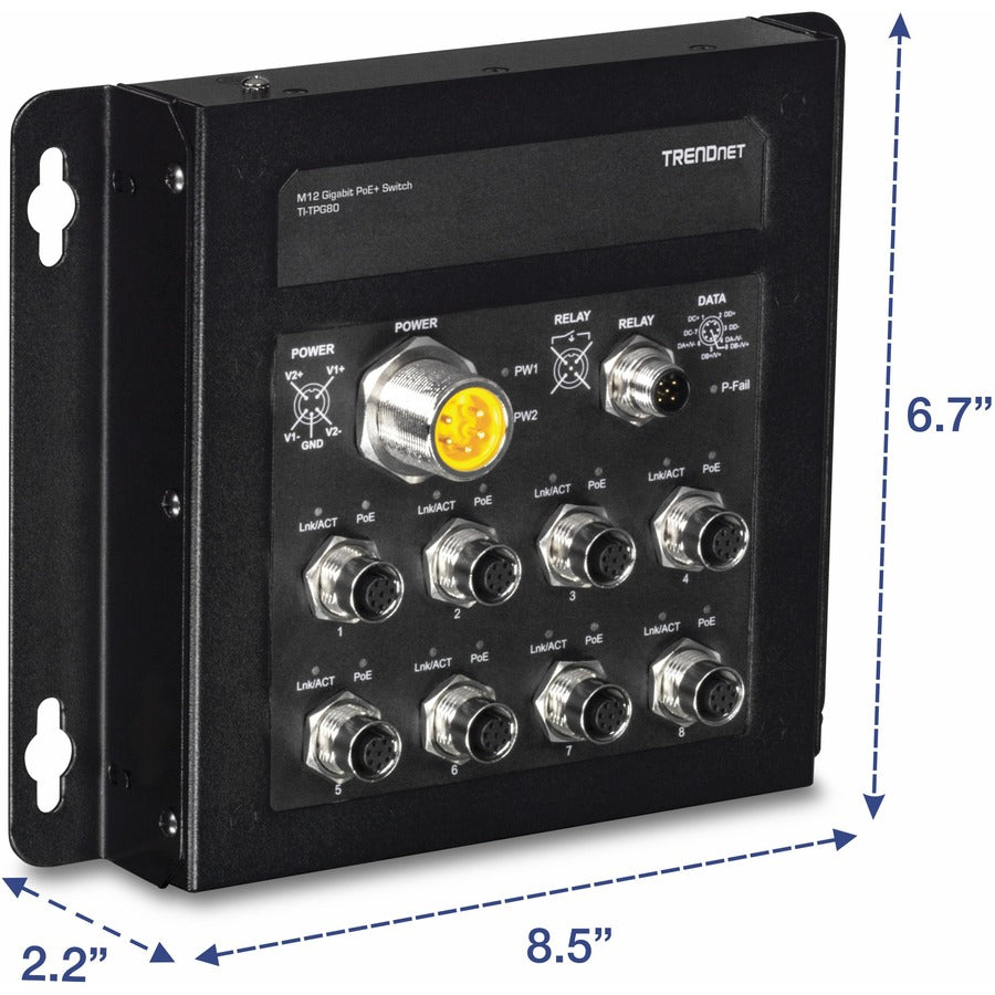 TRENDnet 8-Port Industrial EN50155 M12 Gigabit Poe+ Railway Switch; PoE Power Budget 200W@48Vdc; 100W@24Vdc; M23 Power Interface; Lifetime Protection; TI-TPG80 TI-TPG80