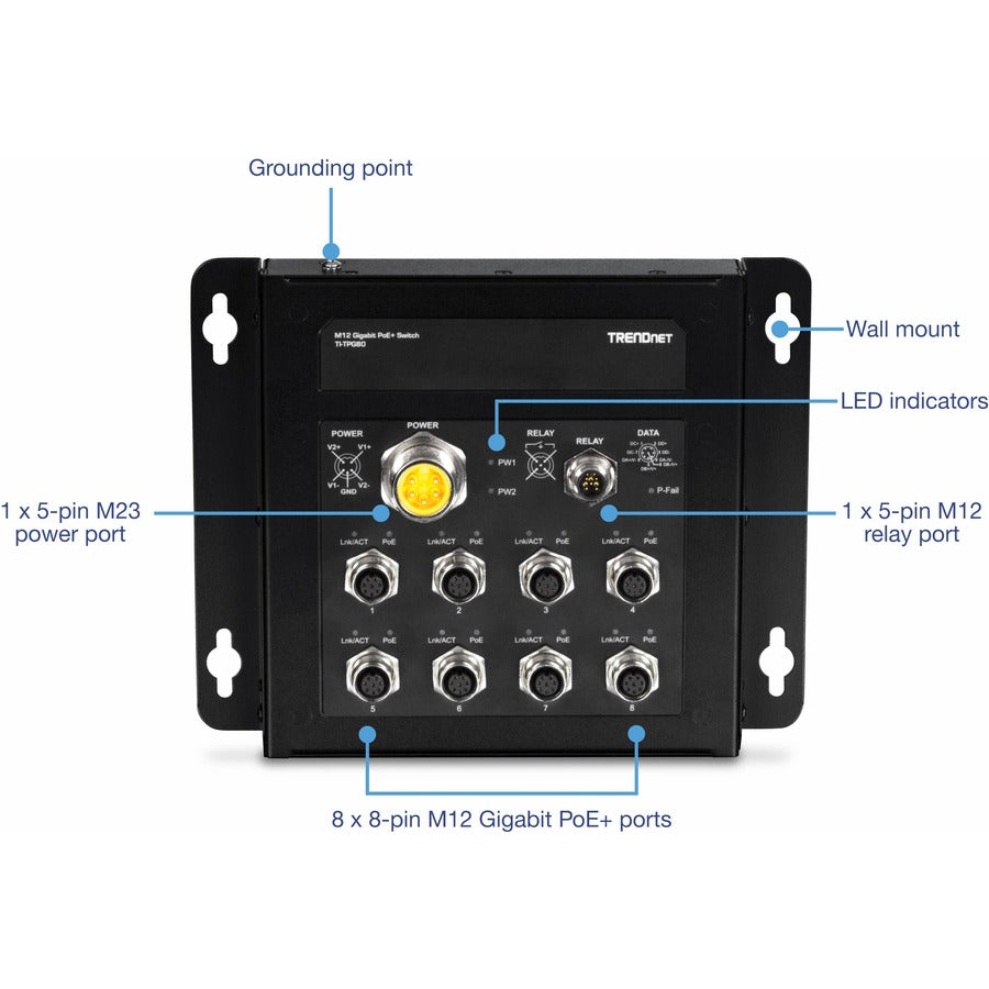 TRENDnet 8-Port Industrial EN50155 M12 Gigabit Poe+ Railway Switch; PoE Power Budget 200W@48Vdc; 100W@24Vdc; M23 Power Interface; Lifetime Protection; TI-TPG80 TI-TPG80