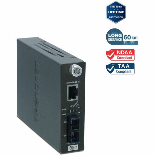 TRENDnet Intelligent 10/100Base-TX to 100Base-FX Single Mode SC Fiber Media Converter (60Km /37.3 Miles); Auto-Negotiation; RJ-45 port; Fiber to Ethernet Converter;Lifetime Protection; TFC-110S60i TFC-110S60i