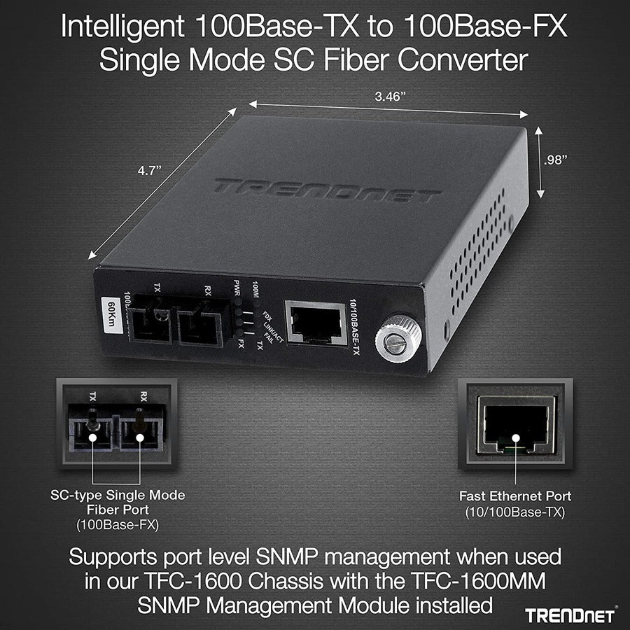 TRENDnet Intelligent 10/100Base-TX to 100Base-FX Single Mode SC Fiber Media Converter (60Km /37.3 Miles); Auto-Negotiation; RJ-45 port; Fiber to Ethernet Converter;Lifetime Protection; TFC-110S60i TFC-110S60i