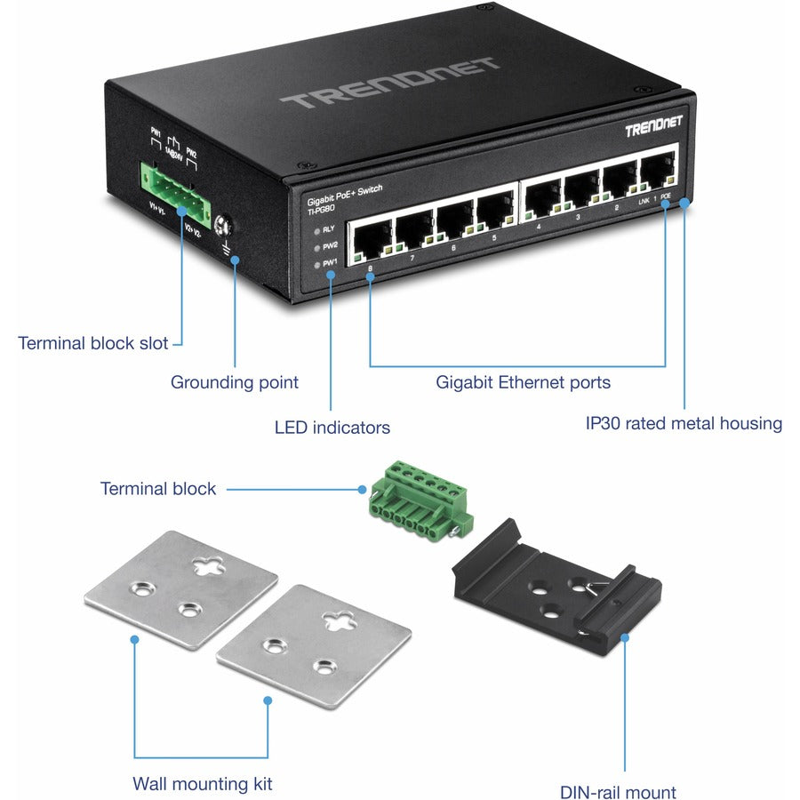 TRENDnet 8-Port Hardened Industrial Unmanaged Gigabit PoE+ DIN-Rail Switch, 200W Full PoE+ Power Budget, 16 Gbps Switching Capacity, IP30 Rated Network Switch, Lifetime Protection, Black, TI-PG80 TI-PG80
