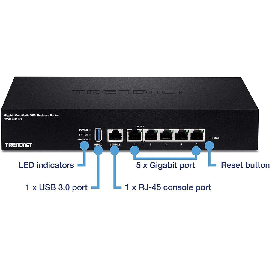 TRENDnet Gigabit Multi-WAN VPN Business Router; TWG-431BR; 5 x Gigabit ports; 1 x Console Port; QoS; Inter-VLAN Routing; Dynamic Routing; Load-Balancing; High Availability; Online Firmware Updates TWG-431BR