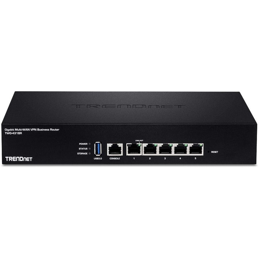 TRENDnet Gigabit Multi-WAN VPN Business Router; TWG-431BR; 5 x Gigabit ports; 1 x Console Port; QoS; Inter-VLAN Routing; Dynamic Routing; Load-Balancing; High Availability; Online Firmware Updates TWG-431BR