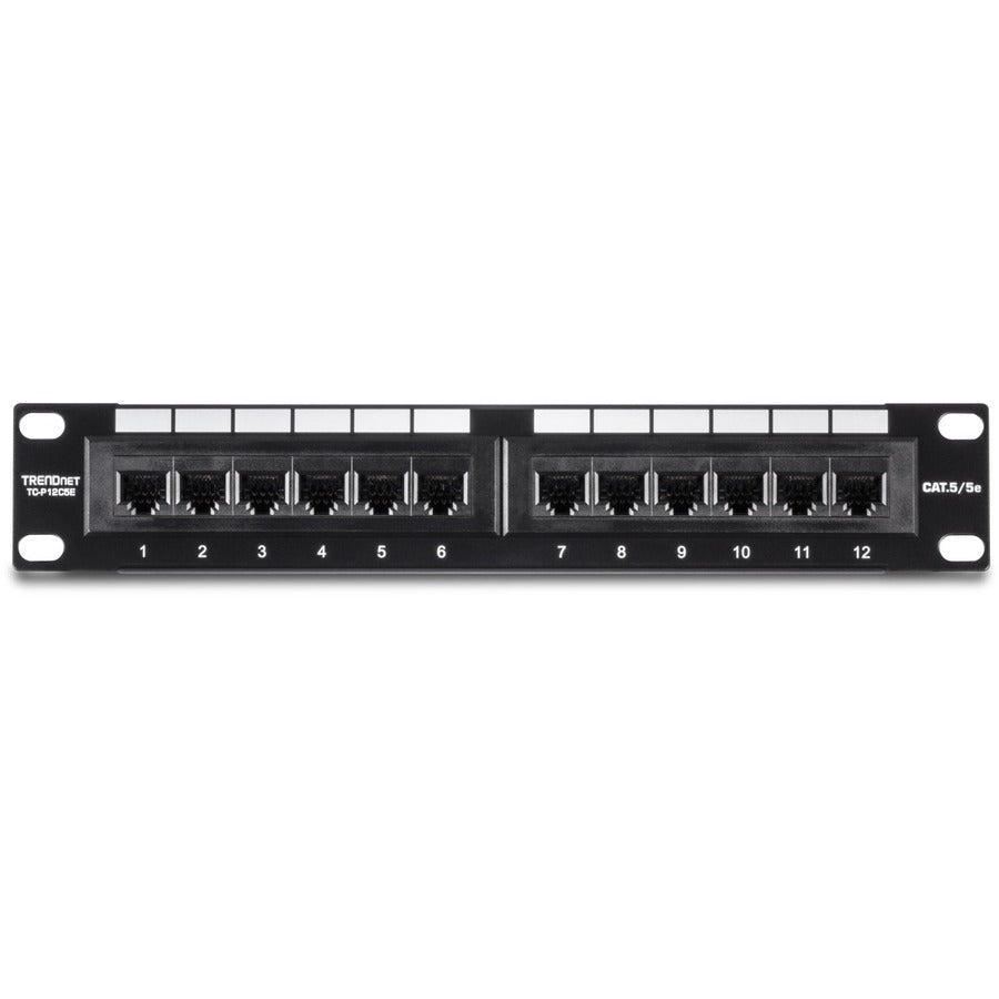 TRENDnet 12-Port Cat5/5e Unshielded Patch Panel, TC-P12C5E, Wallmount or Rackmount, 10 Inch Wide, 12 x Gigabit RJ-45 Ethernet Ports, 100 Mhz Connection, Color Coded Labeling, 110 IDC Terminal Blocks TC-P12C5E