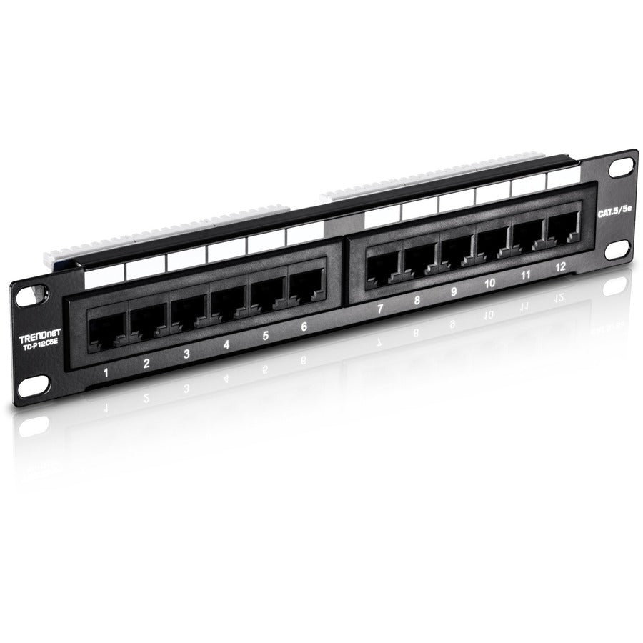 TRENDnet 12-Port Cat5/5e Unshielded Patch Panel, TC-P12C5E, Wallmount or Rackmount, 10 Inch Wide, 12 x Gigabit RJ-45 Ethernet Ports, 100 Mhz Connection, Color Coded Labeling, 110 IDC Terminal Blocks TC-P12C5E