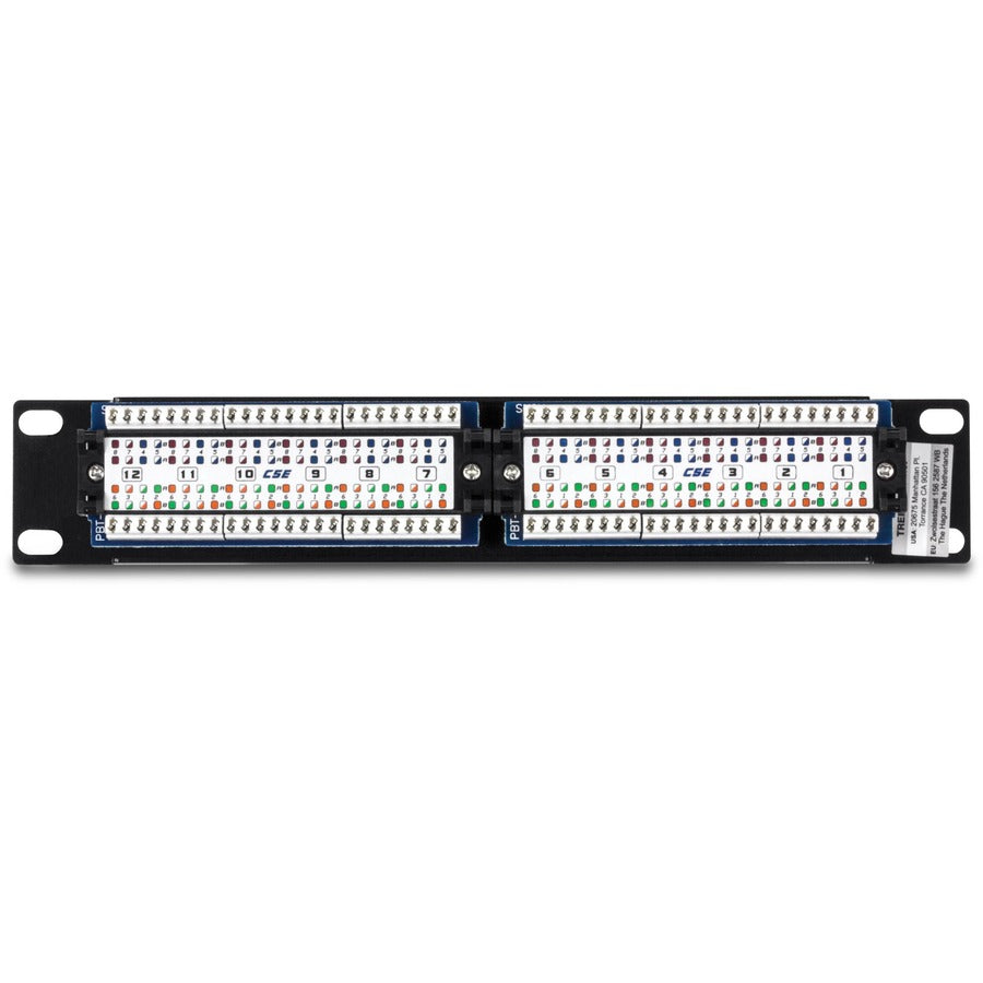 TRENDnet 12-Port Cat5/5e Unshielded Patch Panel, TC-P12C5E, Wallmount or Rackmount, 10 Inch Wide, 12 x Gigabit RJ-45 Ethernet Ports, 100 Mhz Connection, Color Coded Labeling, 110 IDC Terminal Blocks TC-P12C5E