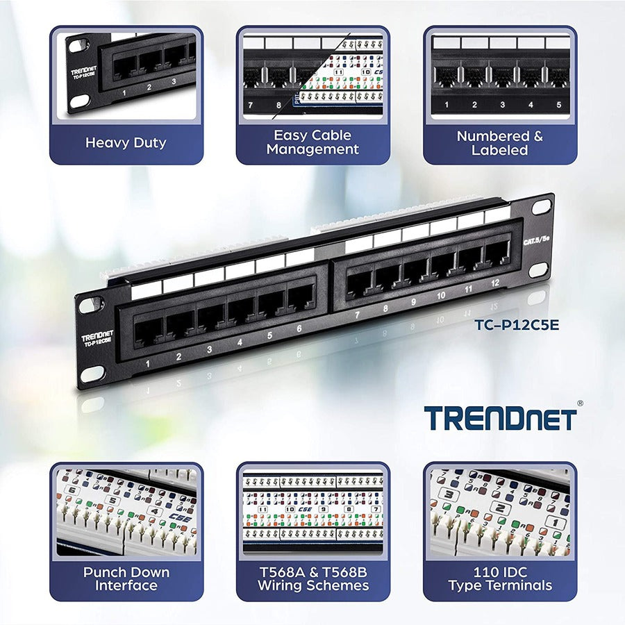 TRENDnet 12-Port Cat5/5e Unshielded Patch Panel, TC-P12C5E, Wallmount or Rackmount, 10 Inch Wide, 12 x Gigabit RJ-45 Ethernet Ports, 100 Mhz Connection, Color Coded Labeling, 110 IDC Terminal Blocks TC-P12C5E