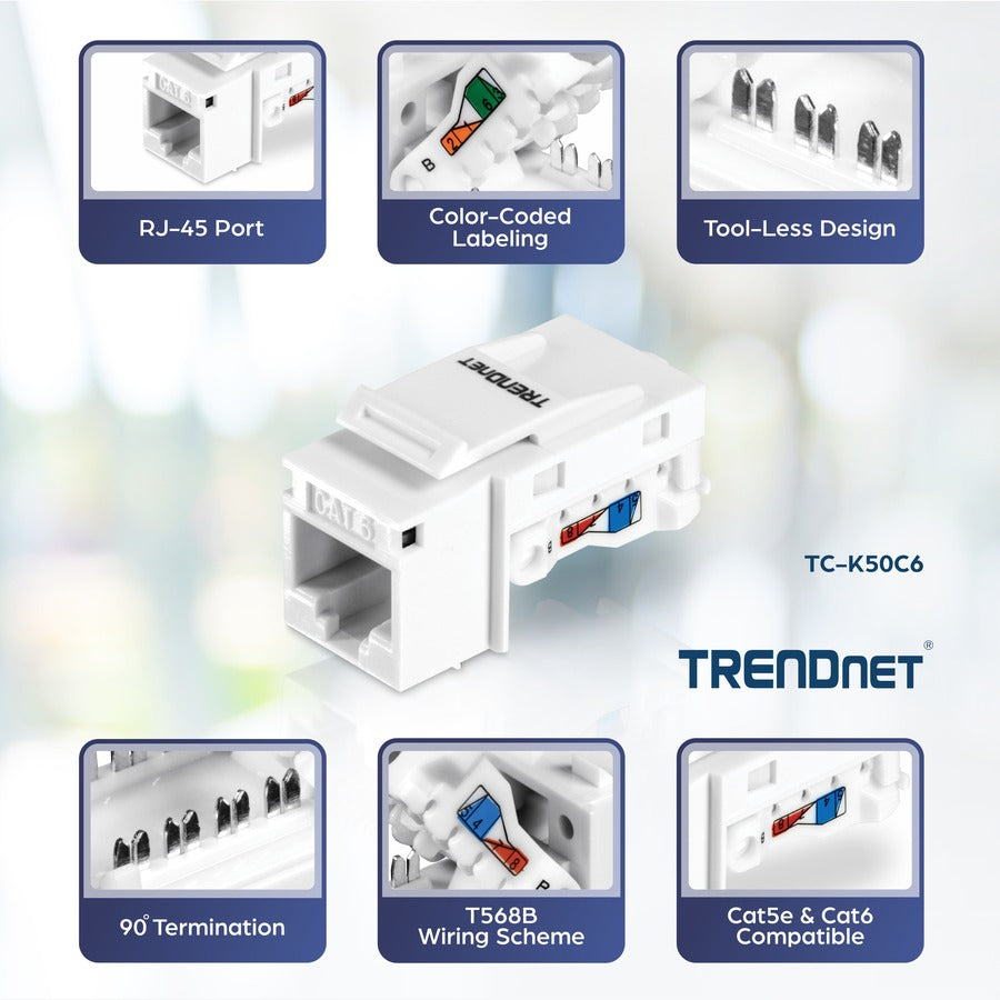 TRENDnet Lot de 50 prises Keystone Cat6, TC-K50C6, compatibles avec les câbles Cat5/Cat5e/Cat6, prises Cat6 RJ45 Keystone, à utiliser avec les panneaux de brassage Keystone vierges TC-KP24 ou TC-KP48 (vendus séparément) TC-K50C6