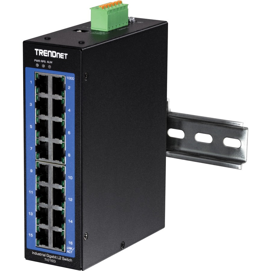 TRENDnet 16-Port Industrial Gigabit L2 Managed DIN-Rail Switch, Layer 2 Switch, 16 x Gigabit Ports, 32Gbps Switching Capacity, Extreme Temperature Gigabit Switch, Lifetime Protection, Black, TI-G160i TI-G160I