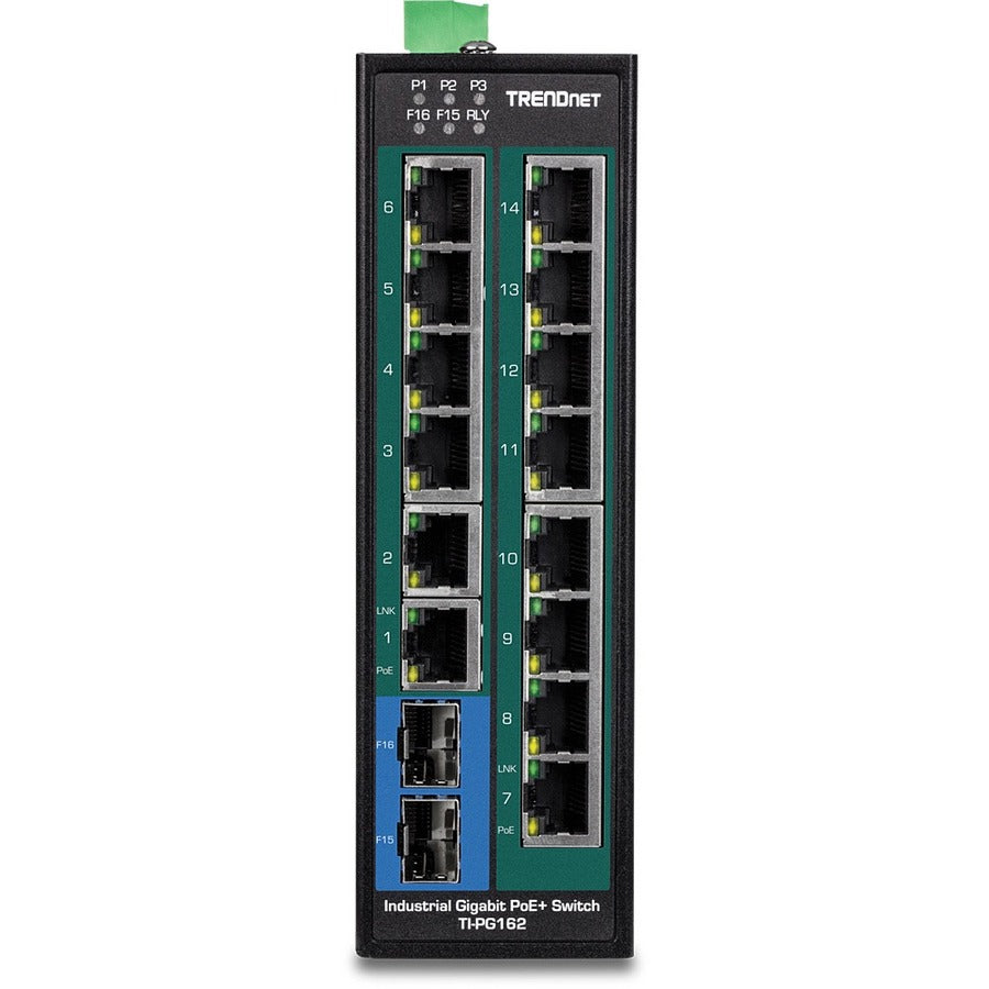 Commutateur sur rail DIN Gigabit PoE+ non géré industriel renforcé à 16 ports TRENDnet ; TI-PG162 ; 14 ports Gigabit ; 2 emplacements Gigabit SFP ; 32 Gbit/s ; Commutateur Ethernet réseau Gigabit IP30 ; Protection à vie TI-PG162