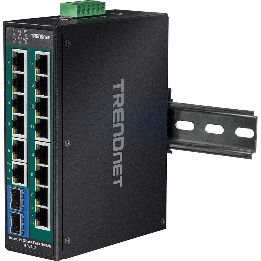 Commutateur sur rail DIN Gigabit PoE+ non géré industriel renforcé à 16 ports TRENDnet ; TI-PG162 ; 14 ports Gigabit ; 2 emplacements Gigabit SFP ; 32 Gbit/s ; Commutateur Ethernet réseau Gigabit IP30 ; Protection à vie TI-PG162