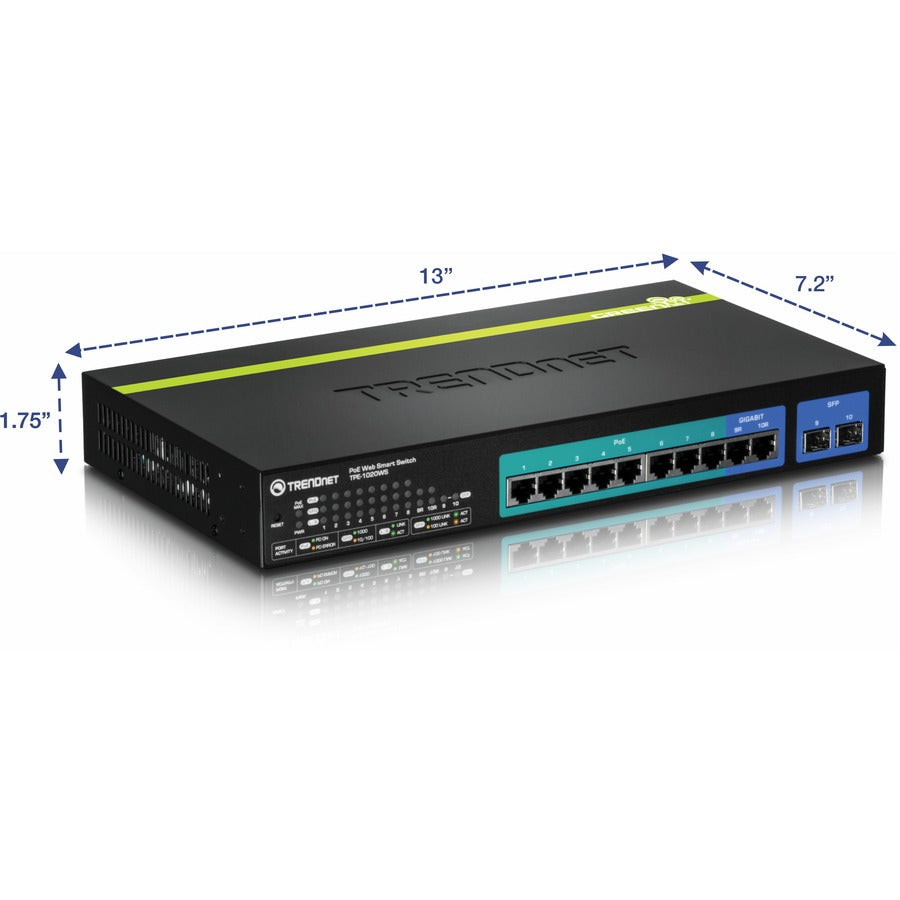 TRENDnet 10-Port Gigabit Web Smart PoE+ Switch, 8 x PoE+ Gigabit Ports, 2 x Gigabit Ethernet Ports, 2 x Shared SFP Slots, 75W Total Power Budget, Rack Mountable, Lifetime Protection, Black, TPE-1020WS TPE-1020WS