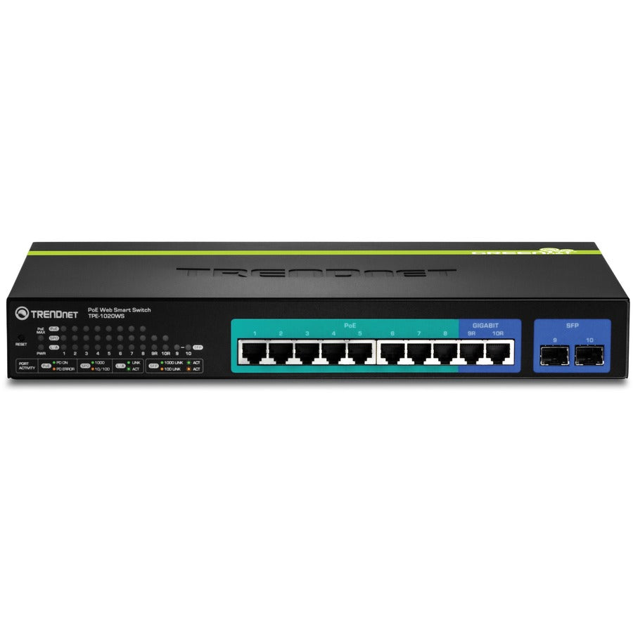 TRENDnet 10-Port Gigabit Web Smart PoE+ Switch, 8 x PoE+ Gigabit Ports, 2 x Gigabit Ethernet Ports, 2 x Shared SFP Slots, 75W Total Power Budget, Rack Mountable, Lifetime Protection, Black, TPE-1020WS TPE-1020WS