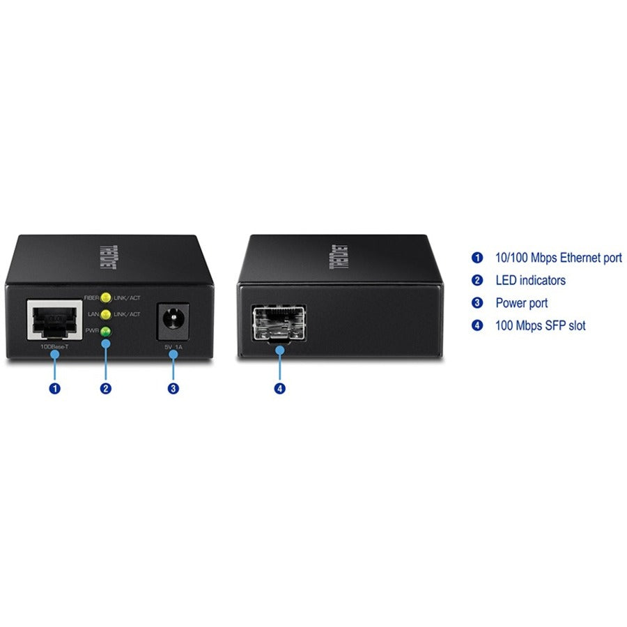 Convertisseur de média fibre TRENDnet 100BASE-T vers SFP, convertisseur de média Fast Ethernet vers SFP, multimode ou monomode, full duplex, TFC-FSFP TFC-FSFP