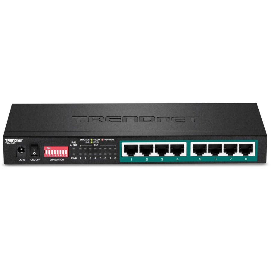 Commutateur Poe+ longue portée Gigabit à 8 ports TRENDnet ; TPE-LG80 ; Budget PoE 65 W ; Commutateur Ethernet/réseau ; Poe+ longue portée étend la portée jusqu'à 200 m (656 pieds) ; Capacité de commutation de 16 Gbit/s ; Protection à vie TPE-LG80