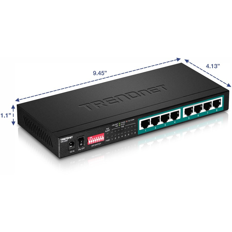 Commutateur Poe+ longue portée Gigabit à 8 ports TRENDnet ; TPE-LG80 ; Budget PoE 65 W ; Commutateur Ethernet/réseau ; Poe+ longue portée étend la portée jusqu'à 200 m (656 pieds) ; Capacité de commutation de 16 Gbit/s ; Protection à vie TPE-LG80