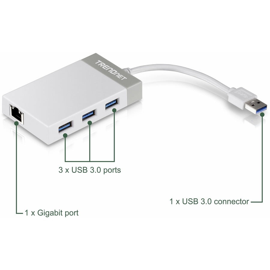 TRENDnet 3-Port USB 3.0 Hub with 10/100/1000 Mbps Gigabit Ethernet Adapter (3 USB 3.0 Ports; a RJ45 Gigabit Ethernet Port); Support XP; Vista; Windows 7; 8; 8.1; 10; Mac OS 10.6-10.9; Nintendo Switch; TU3-ETGH3 TU3-ETGH3