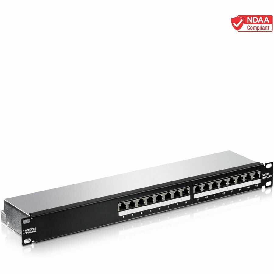 TRENDnet 16-Port Cat6A Shielded Patch Panel, TC-P16C6AS, 1U 19" Metal Housing, 10G Ready, Cat5e/Cat6/Cat6A Ethernet Cable Compatible, Cable Management, Color-coded Labeling for T568A and T568B wiring TC-P16C6AS
