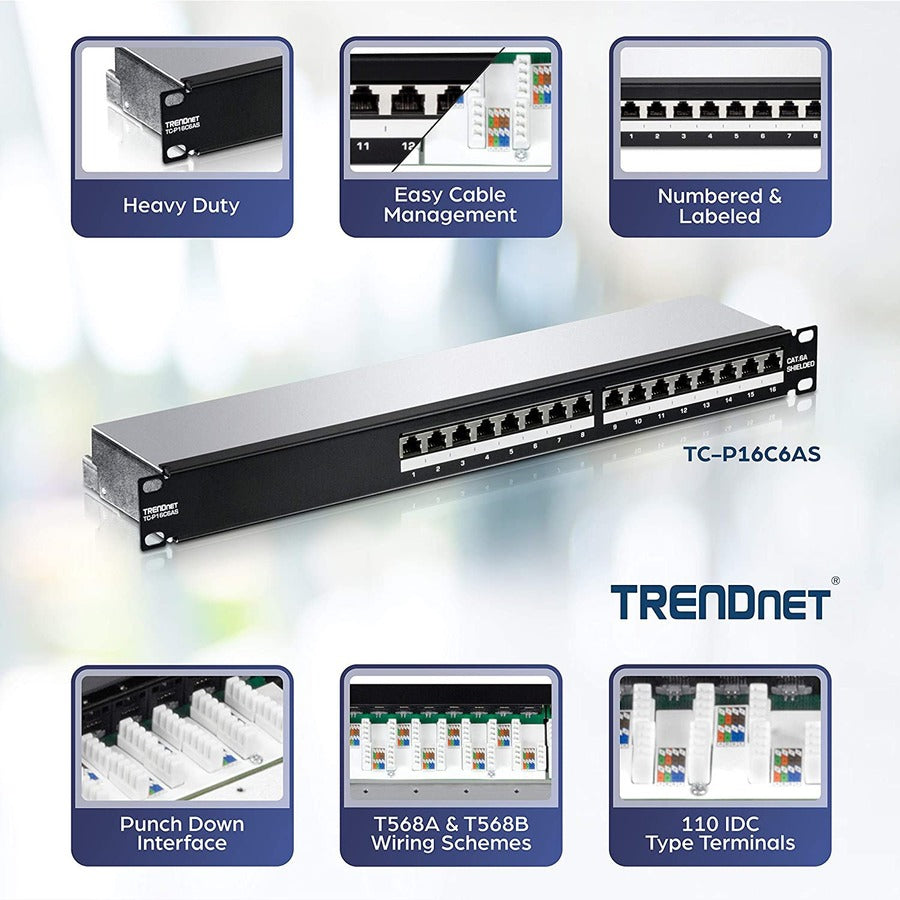 TRENDnet 16-Port Cat6A Shielded Patch Panel, TC-P16C6AS, 1U 19" Metal Housing, 10G Ready, Cat5e/Cat6/Cat6A Ethernet Cable Compatible, Cable Management, Color-coded Labeling for T568A and T568B wiring TC-P16C6AS