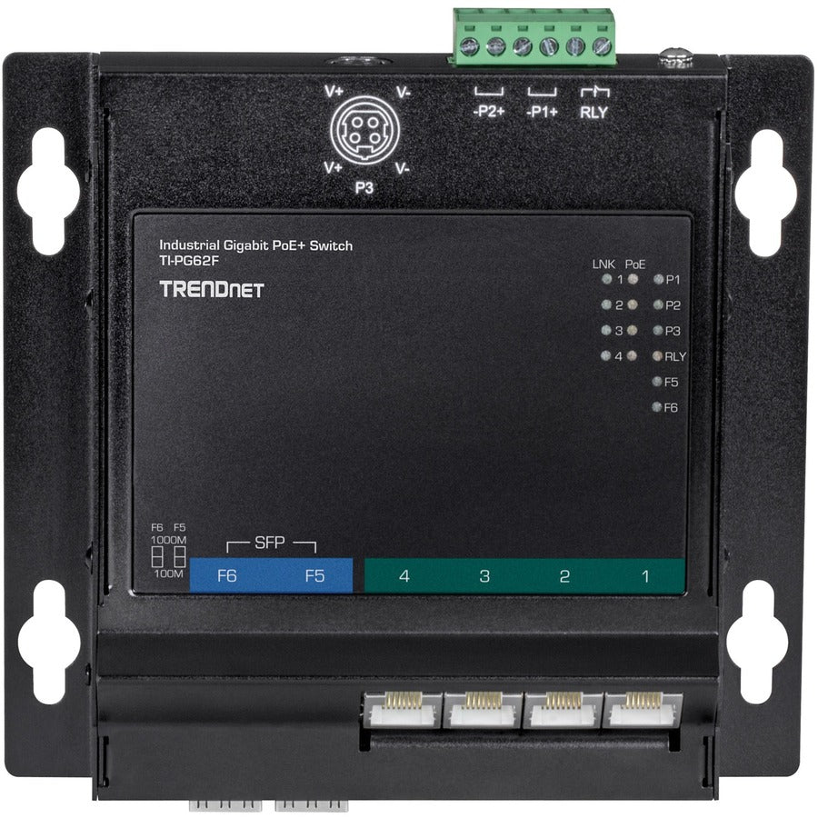 TRENDnet Commutateur d'accès frontal mural industriel Gigabit PoE+ à 6 ports, TI-PG62F, 4 ports Gigabit PoE+, 2 emplacements Gigabit SFP, rail DIN, supports de montage mural inclus, IP30, budget PoE 120 W TI-PG62F