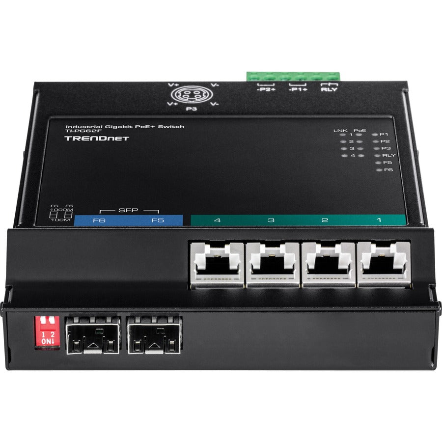 TRENDnet Commutateur d'accès frontal mural industriel Gigabit PoE+ à 6 ports, TI-PG62F, 4 ports Gigabit PoE+, 2 emplacements Gigabit SFP, rail DIN, supports de montage mural inclus, IP30, budget PoE 120 W TI-PG62F