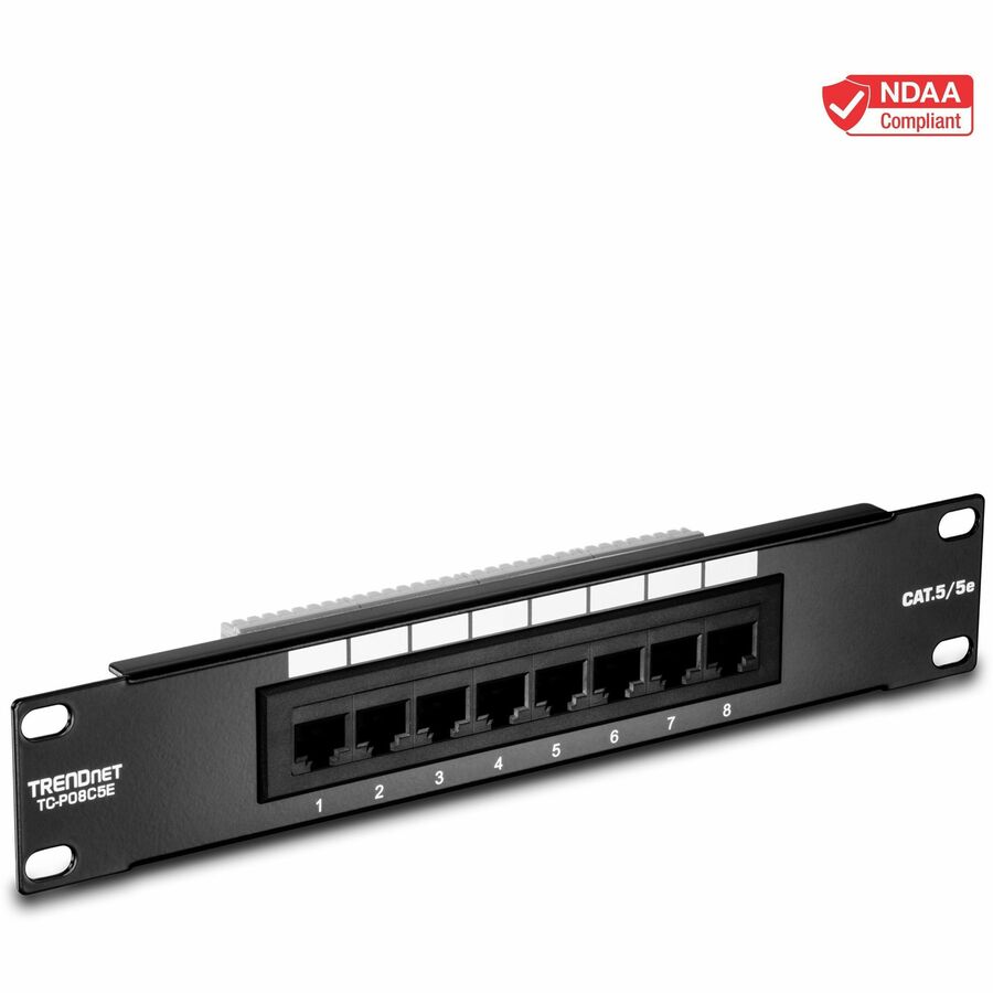 Panneau de brassage non blindé TRENDnet 8 ports Cat5/5e, TC-P08C5E, montage mural ou en rack, 10 pouces de large, 8 ports Ethernet Gigabit RJ-45, connexion 100 Mhz, étiquetage à code couleur, 110 borniers IDC TC-P08C5E