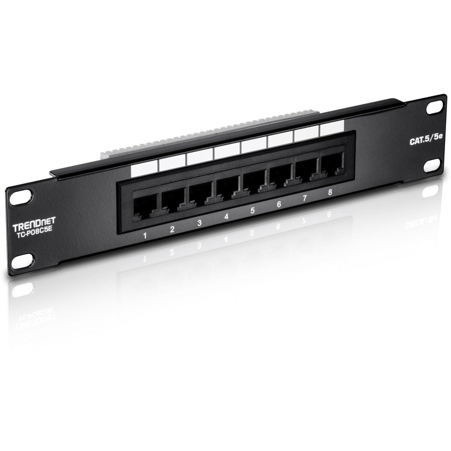 Panneau de brassage non blindé TRENDnet 8 ports Cat5/5e, TC-P08C5E, montage mural ou en rack, 10 pouces de large, 8 ports Ethernet Gigabit RJ-45, connexion 100 Mhz, étiquetage à code couleur, 110 borniers IDC TC-P08C5E