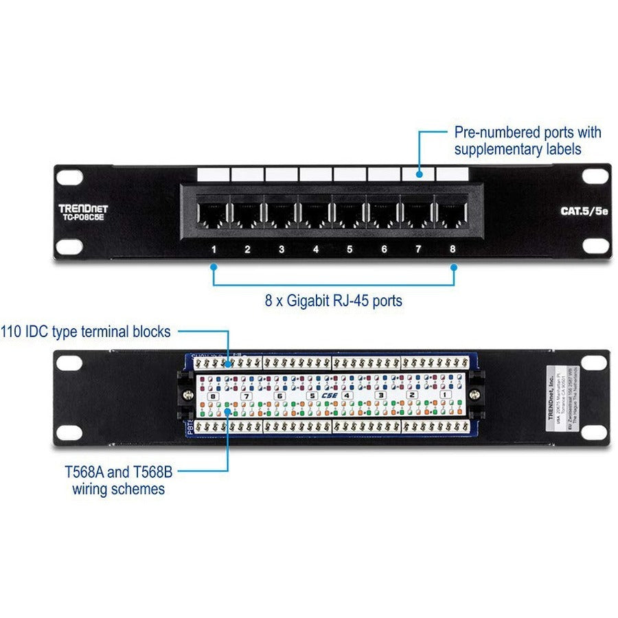 TRENDnet 8-Port Cat5/5e Unshielded Patch Panel, TC-P08C5E, Wallmount or Rackmount, 10 Inch Wide, 8 x Gigabit RJ-45 Ethernet Ports, 100 Mhz Connection, Color Coded Labeling, 110 IDC Terminal Blocks TC-P08C5E