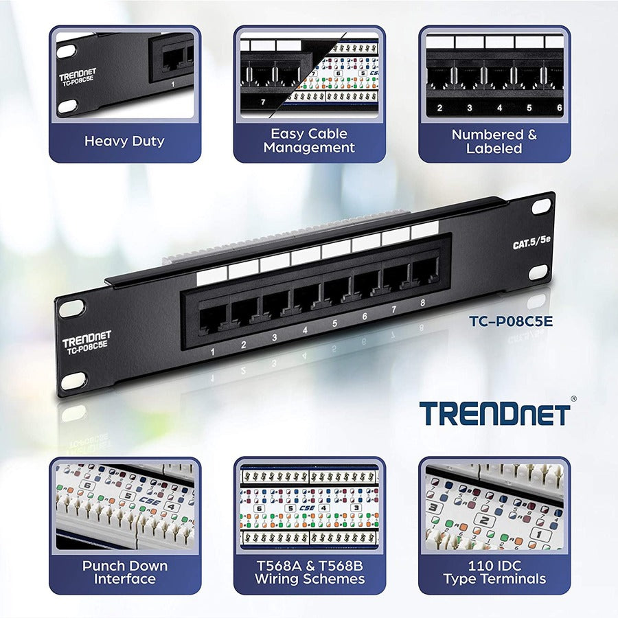 TRENDnet 8-Port Cat5/5e Unshielded Patch Panel, TC-P08C5E, Wallmount or Rackmount, 10 Inch Wide, 8 x Gigabit RJ-45 Ethernet Ports, 100 Mhz Connection, Color Coded Labeling, 110 IDC Terminal Blocks TC-P08C5E