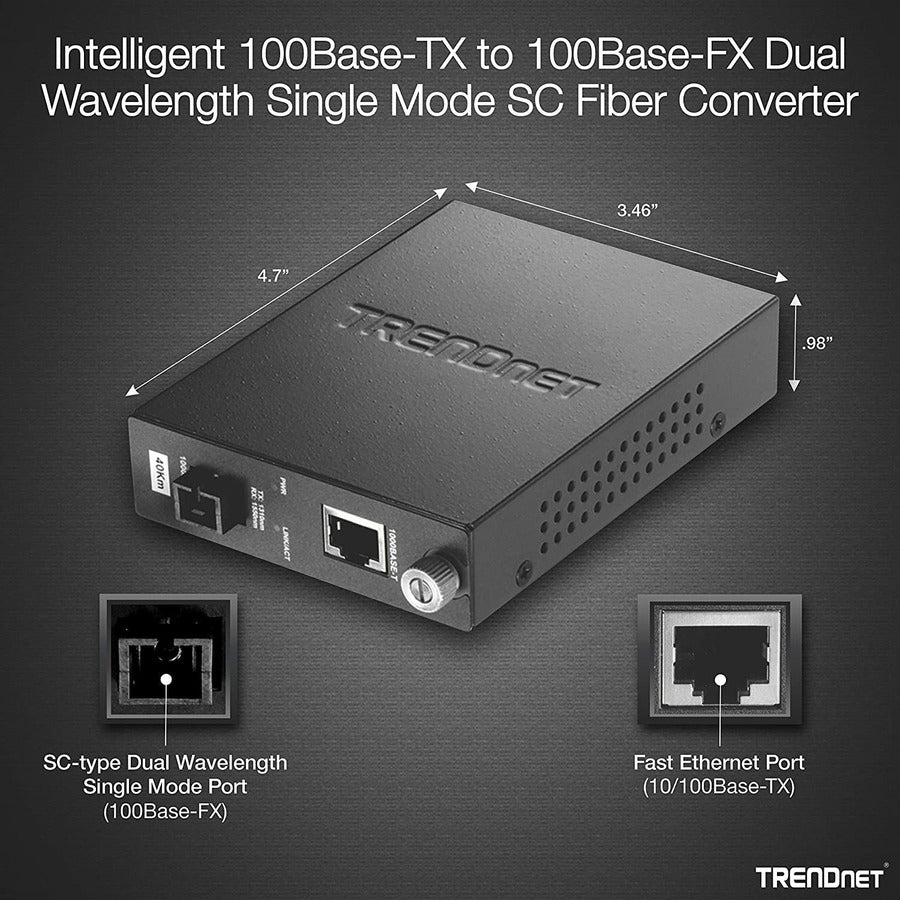 TRENDnet Intelligent 100Base-TX vers 100Base-FX Convertisseur de média fibre SC monomode à double longueur d'onde (40 km / 24,9 miles) ; Port RJ-45 ; Convertisseur fibre vers Ethernet ; Protection à vie ; TFC-110S40D5i TFC-110S40D5i